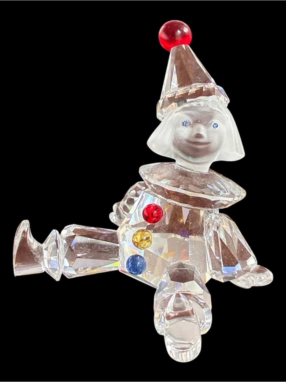 Swarovski Crystal Clown Figurine with Red, Yellow, Blue Accents